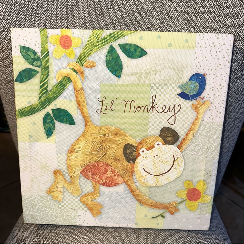 Kids room monkey wall Art lil monkey canvas square nursery bird flowers jungle